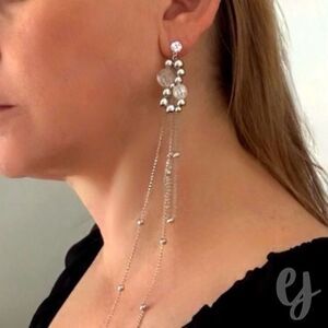 Dione Long Silver Tone Chain Drop Earrings with Crystal Accents